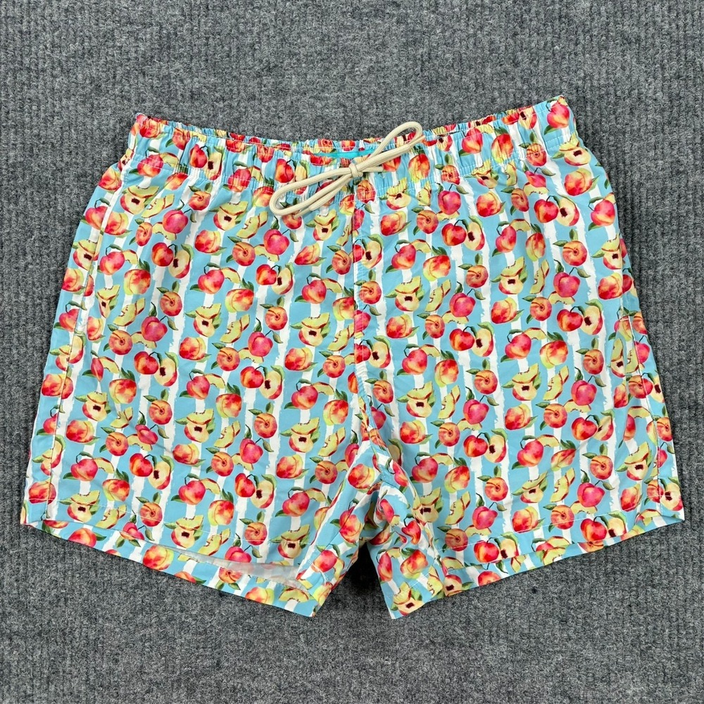 Happy Hour Peach Print Swim Trunks Mens Large Blue Novelty Beach Shorts